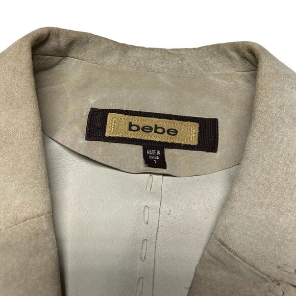 Bebe Genuine  Leather Suede Jacket Button Blazer Coat Collar Tan Cream Neutral - Picture 4 of 11